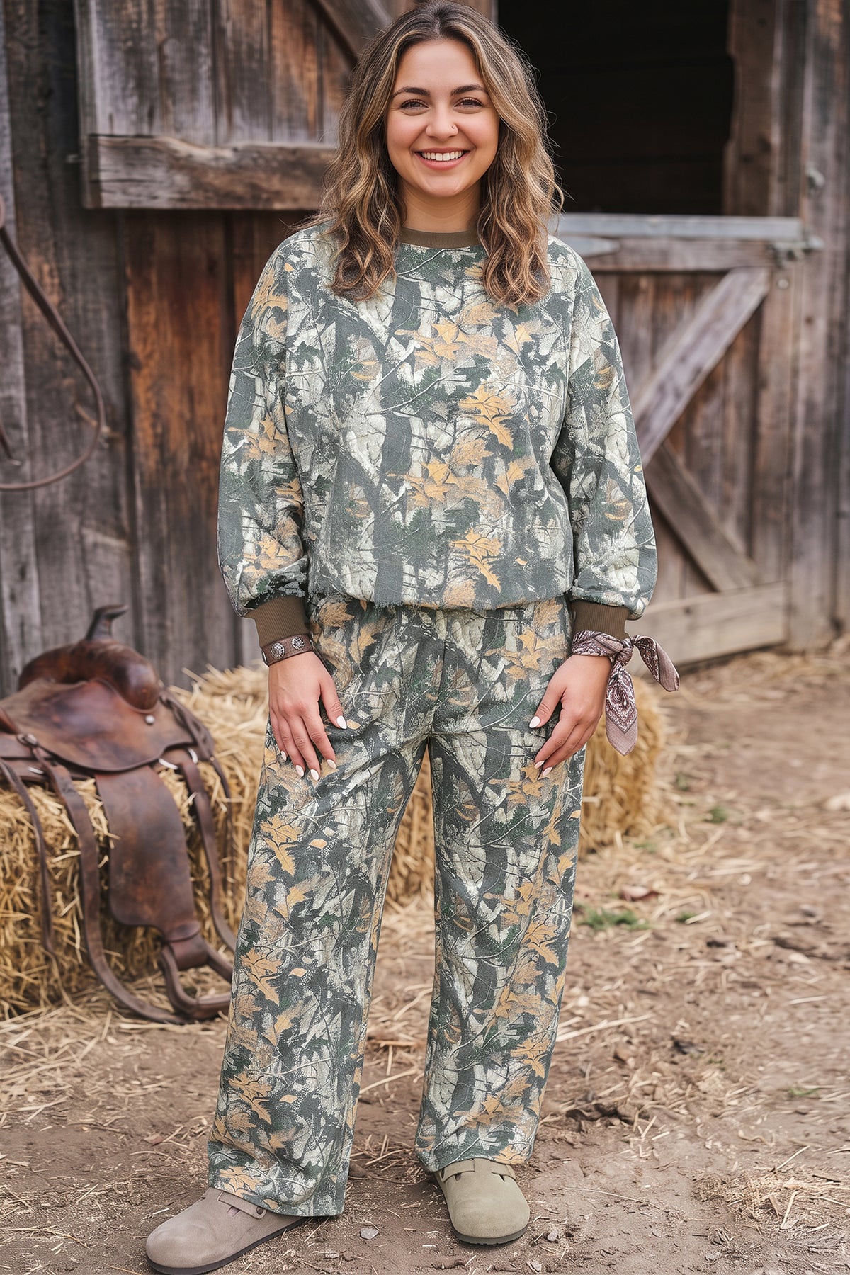 Brown Jungle Camouflage Print Ribbed Trim Long-Sleeve Top Plus Size Pant Set