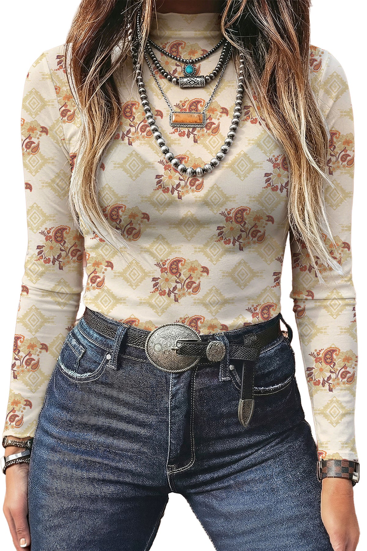 Apricot Floral Print Mesh Long Sleeve Mock Neck Top
