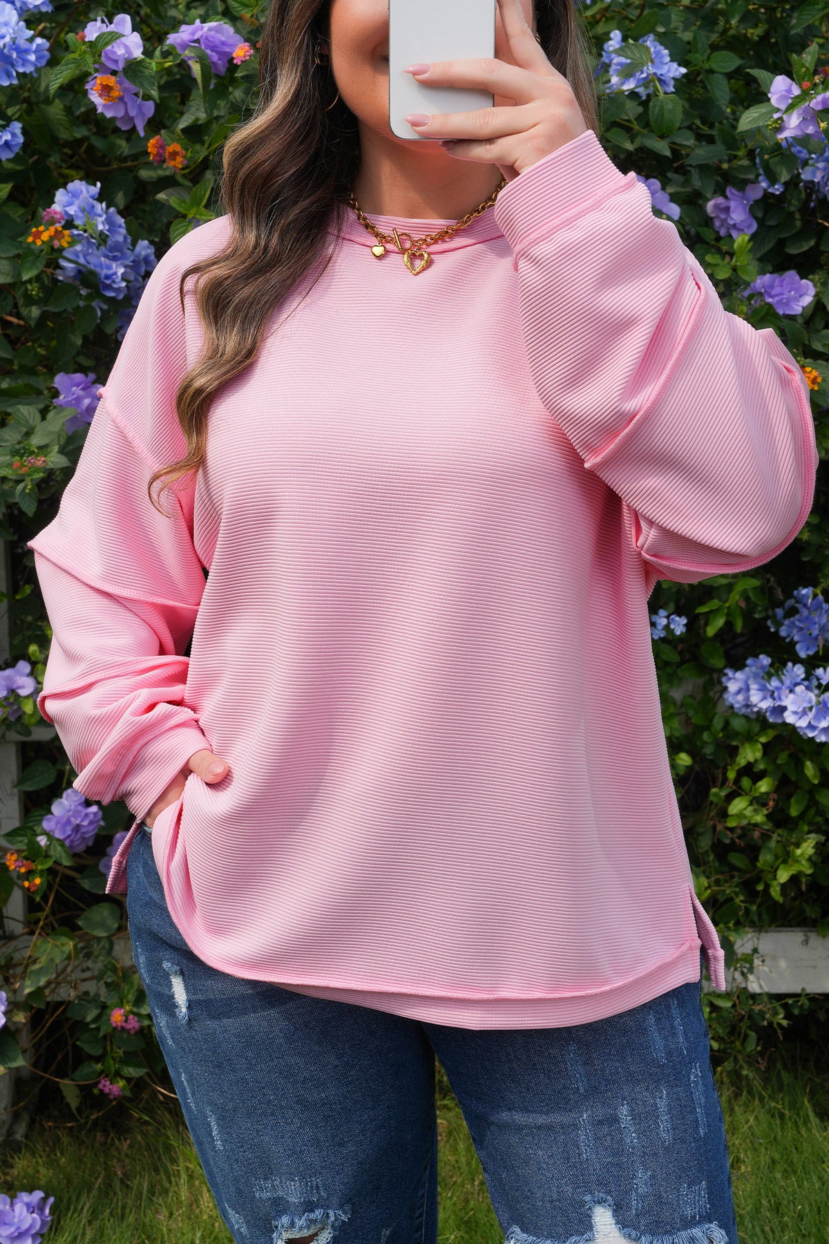 Pink Drop-Shoulder Long-Sleeve Plus Size Ribbed Top