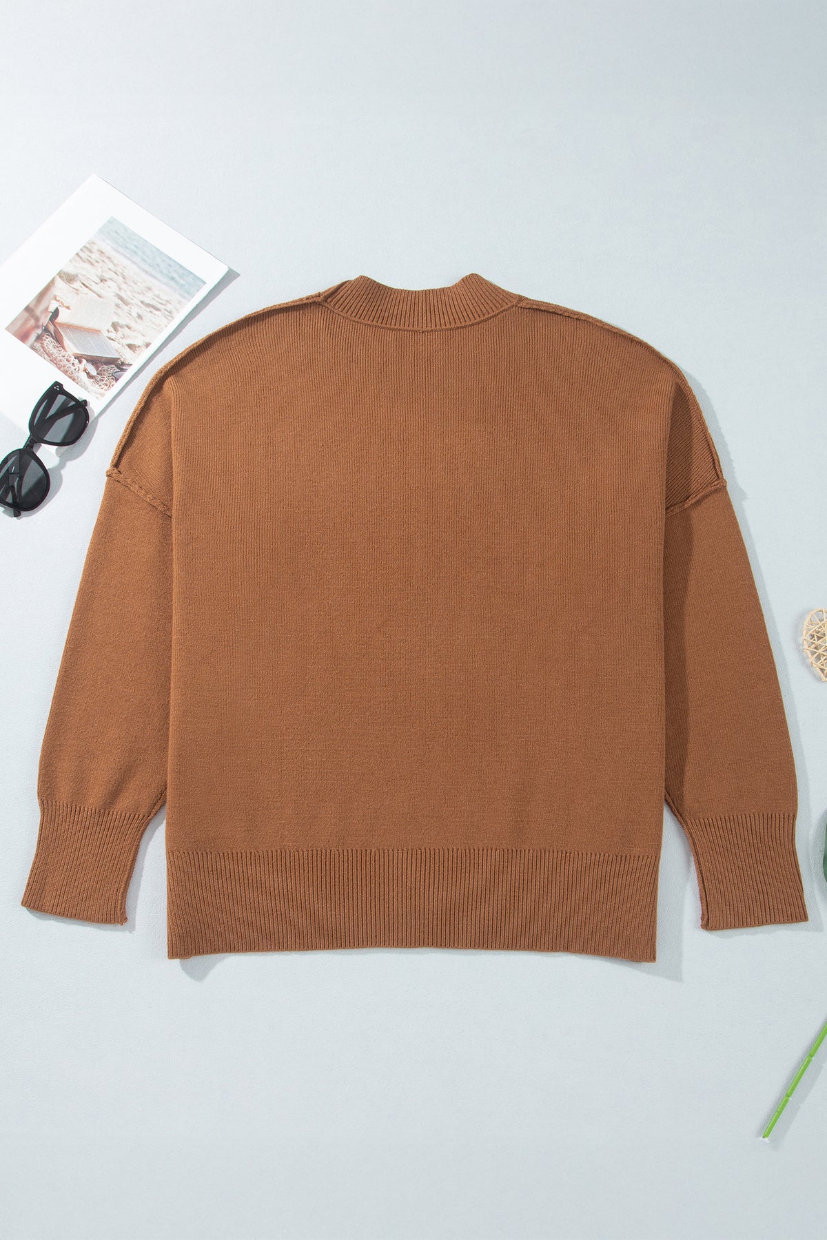 Chestnut Oversized Ribbed Knit Long-Sleeve Tunic Plus Size Sweater