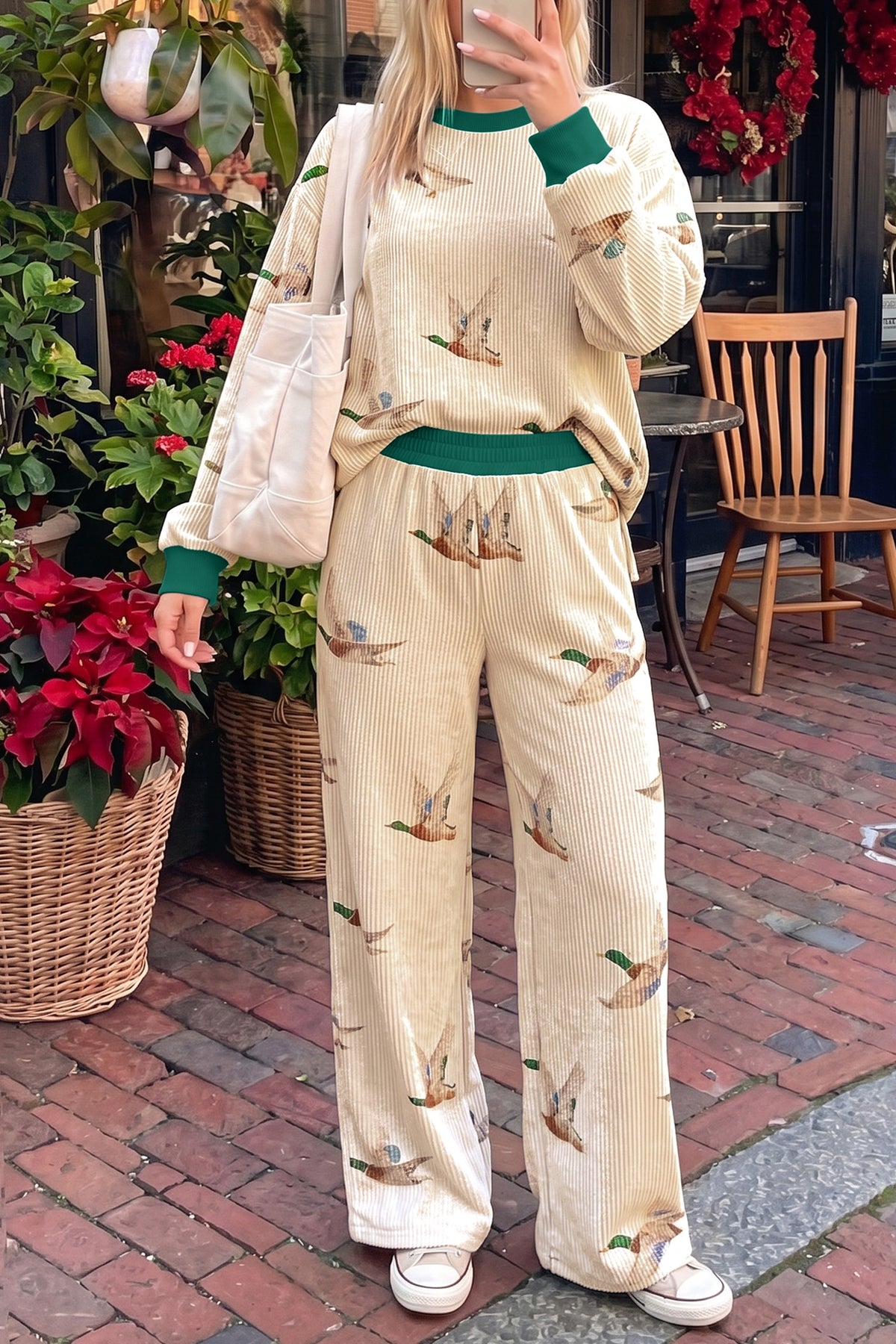 Beige Mallard Duck Print Ribbed Top and Pants Set