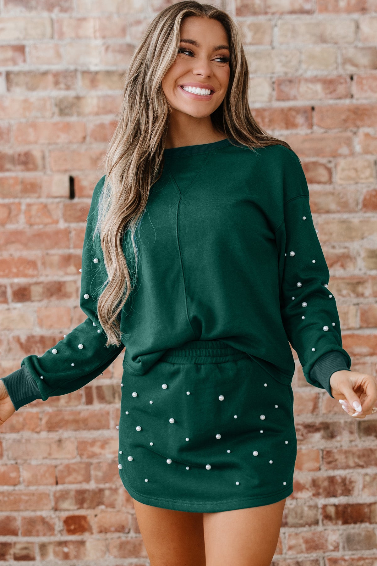 Dark Green Pearl Embellished Drop Shoulder Pullover Elastic Waist Mini Skort Set