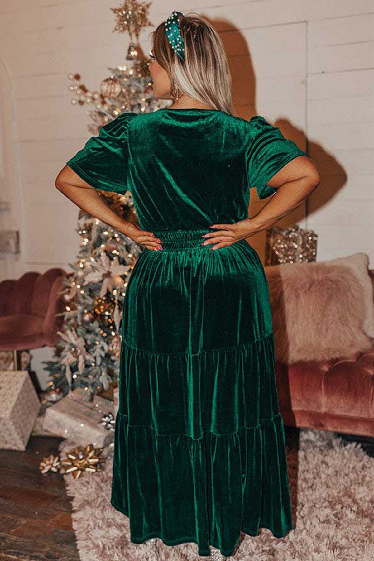 Blackish Green Velvet Shirred Waist Tiered Plus Size Dress
