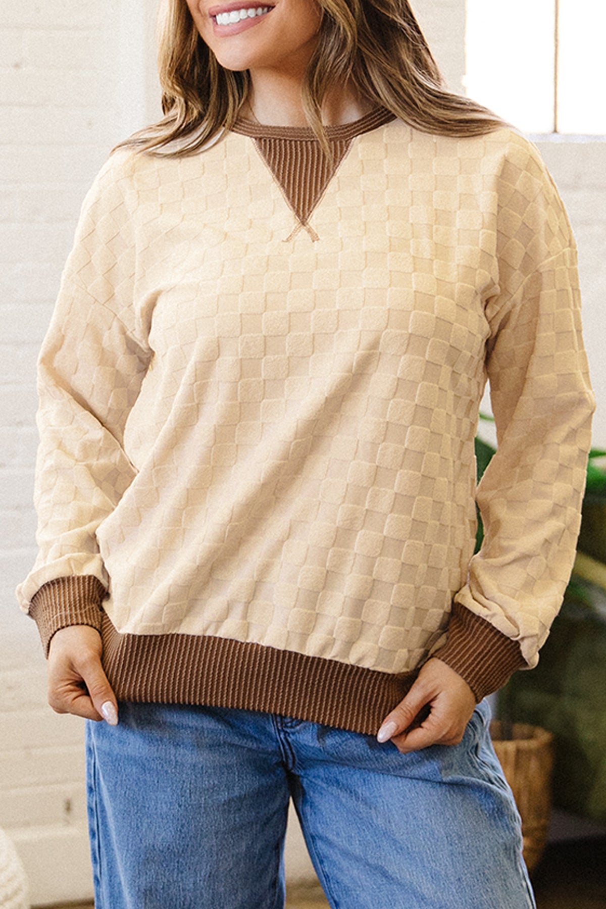 Parchment Plush Checkered Contrast Twisted Rib Top