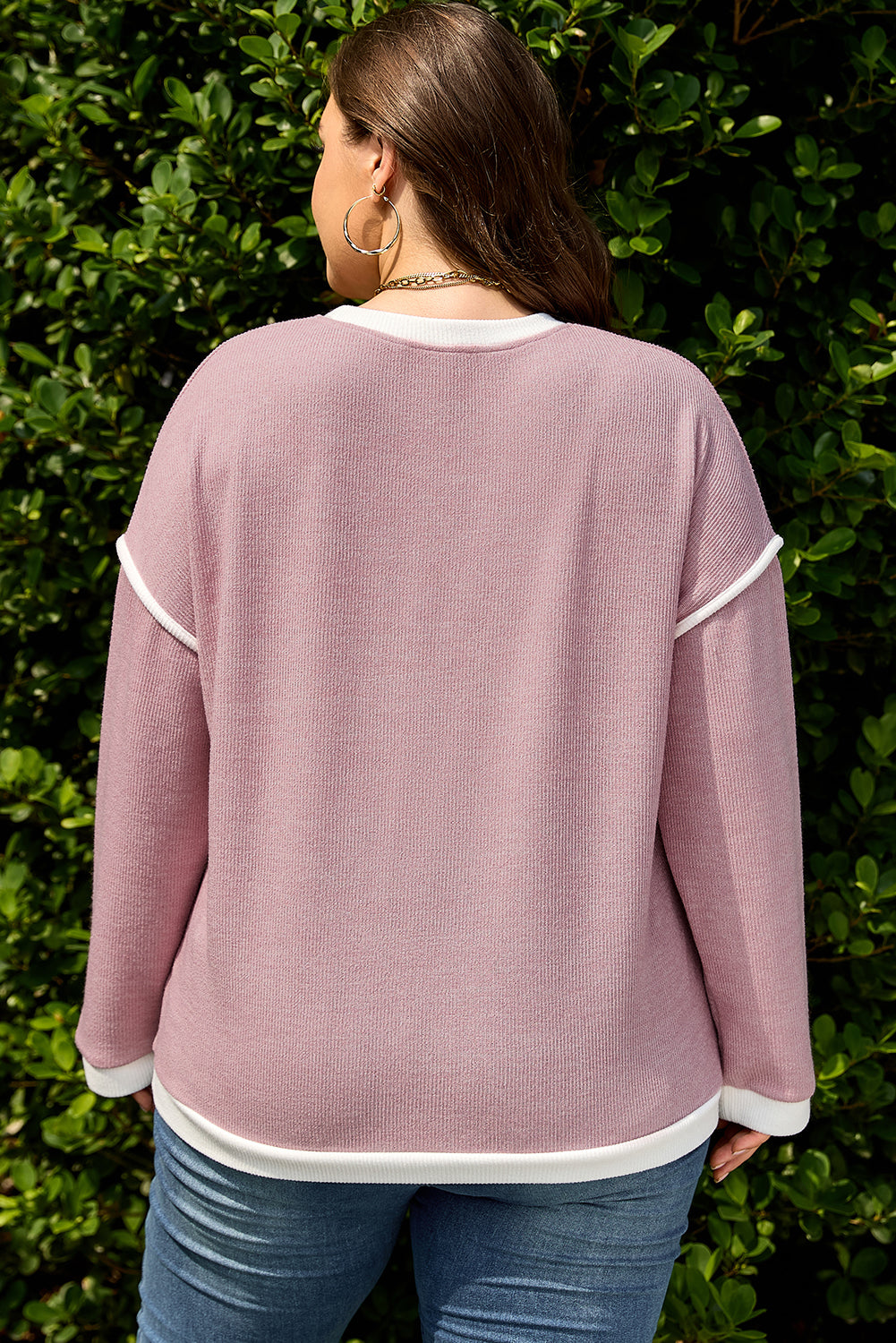 Light Pink Contrast Trim Knitted Drop-Shoulder Plus Size Top