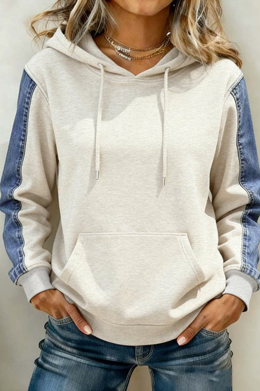 Light Grey Colorblock Denim Sleeve Tunic Hoodie