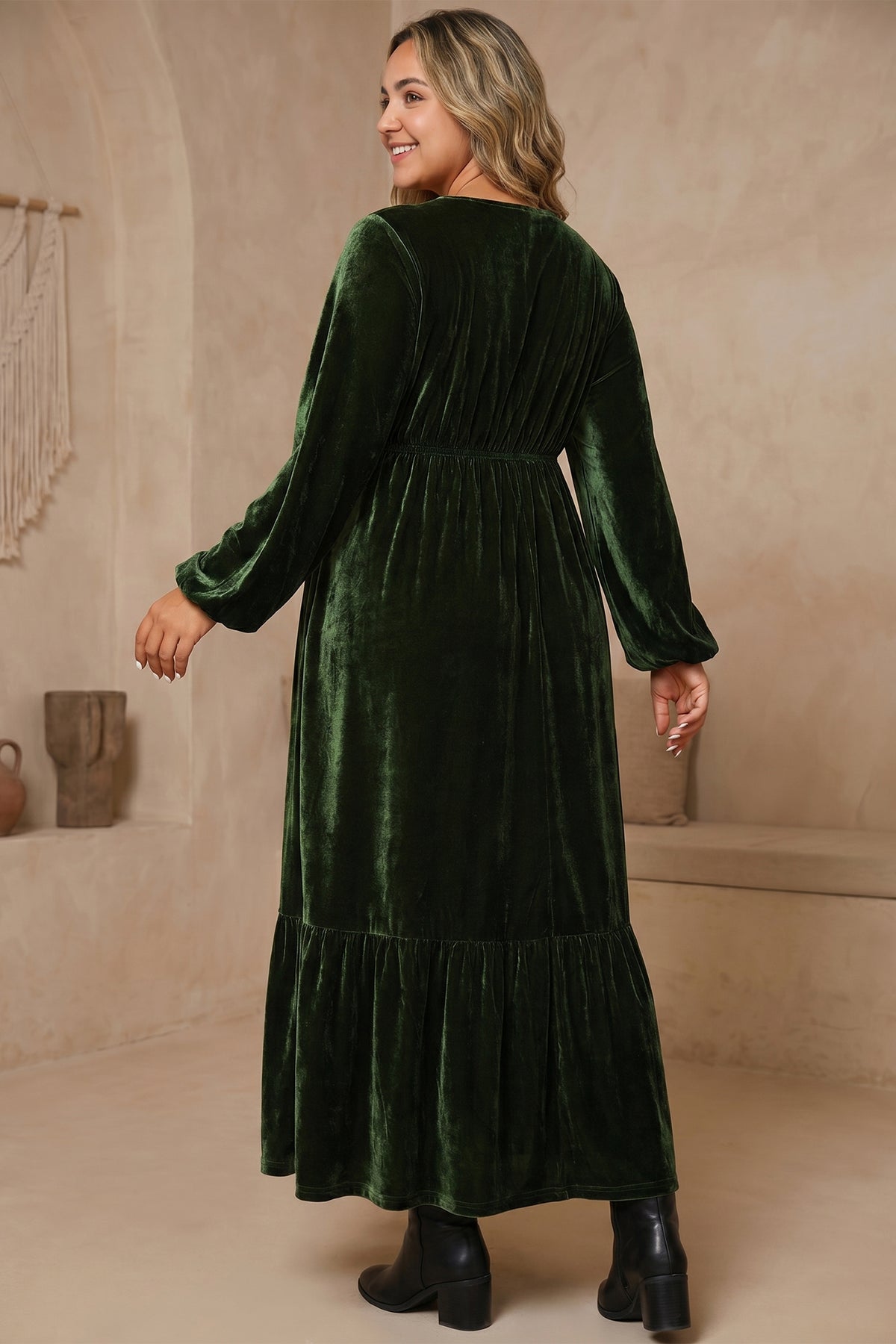 Blackish Green V Neck Velvet Plus Size Maxi Dress
