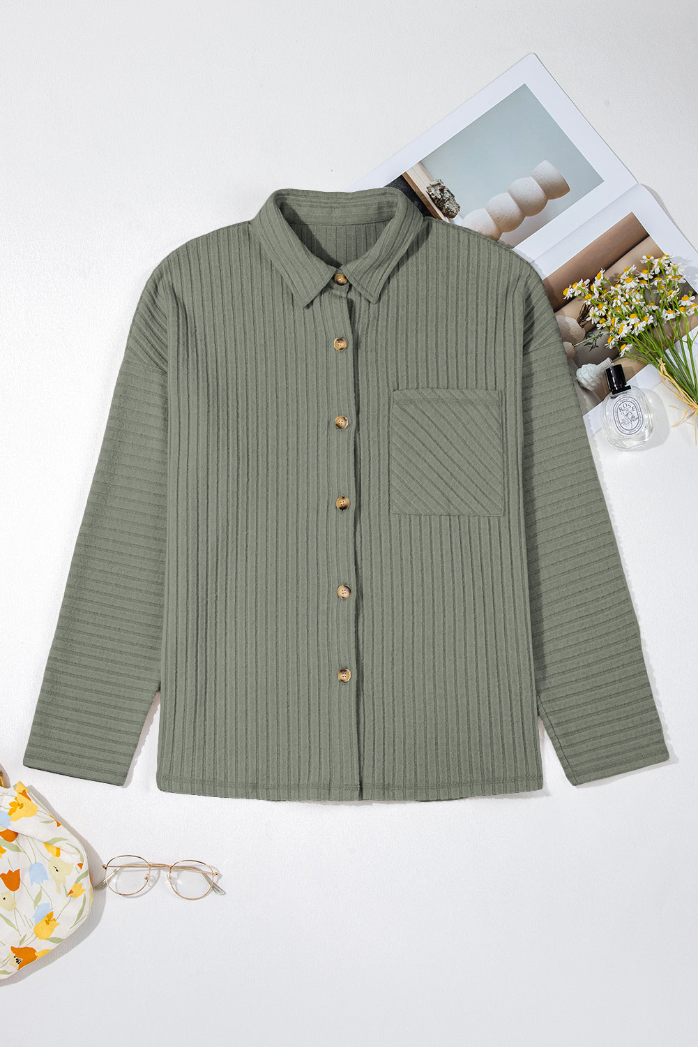 Mist Green Thermal Ribbed Texture Drop Shoulder Button Up Shacket