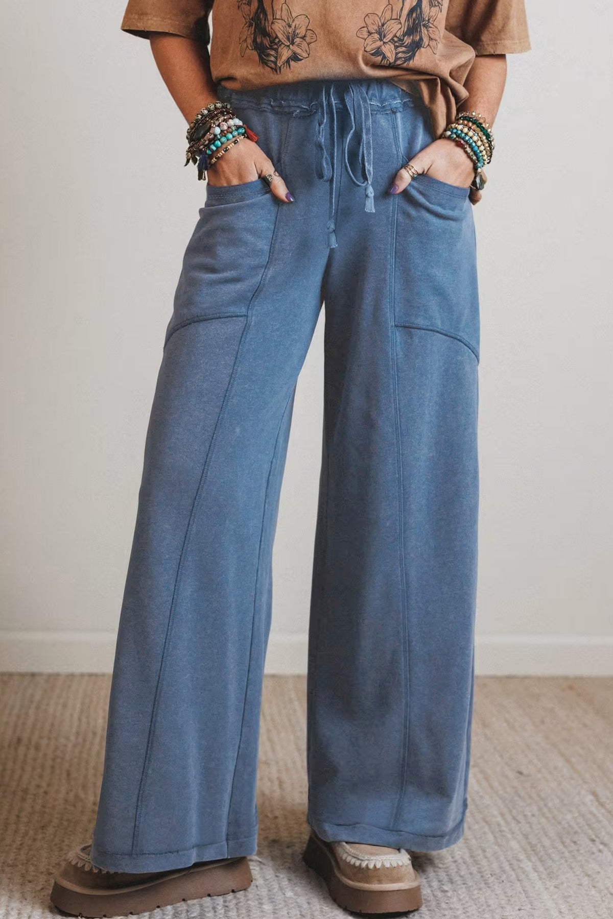 Smoke Gray Mineral Wash Drawstring Retro High Waist Wide Leg Pants