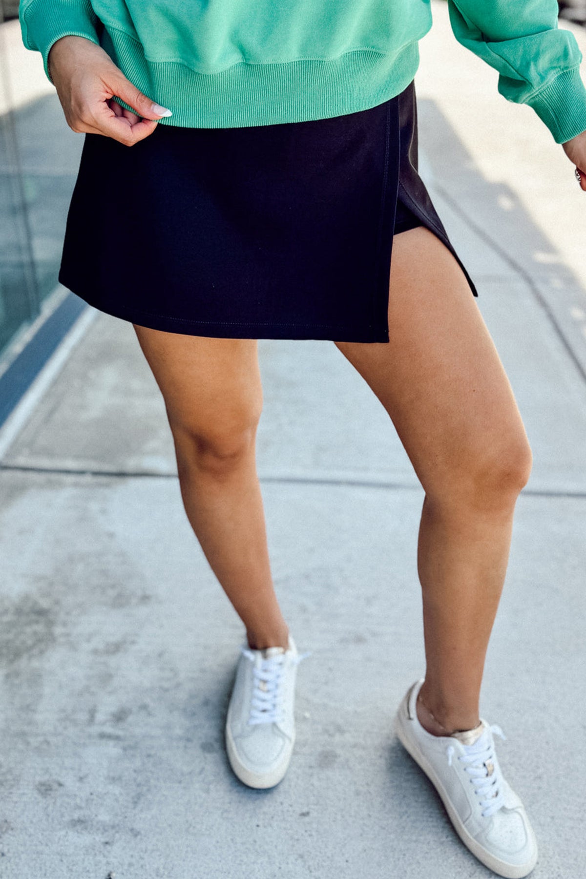 Black Solid Wrapped Side Slit Skort