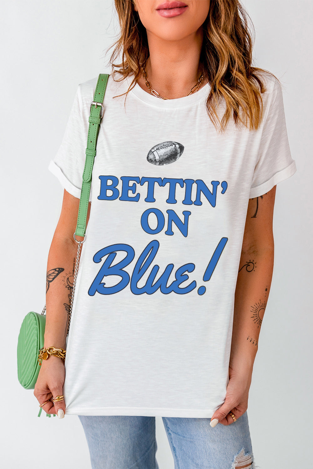 White Rugby Football BETTIN ON Blue Graphic Crewneck T-Shirt