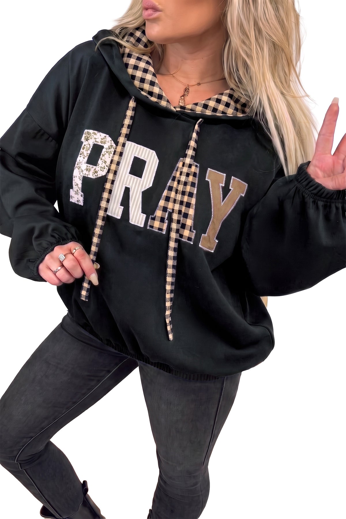 Black PRAY Mix Pattern Plaid Contrast Drawstring Hoodie