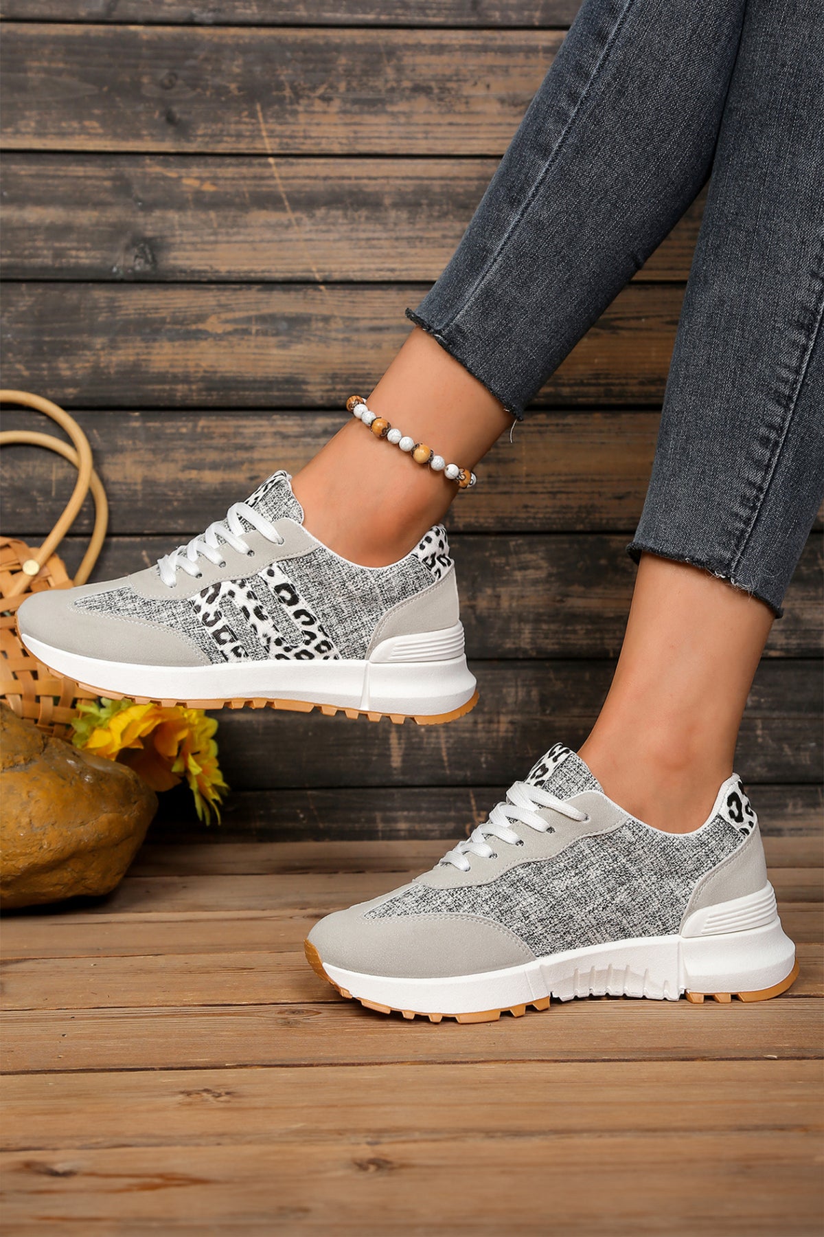 White Mix Texture Patchwork Leopard Lace-Up Sneakers