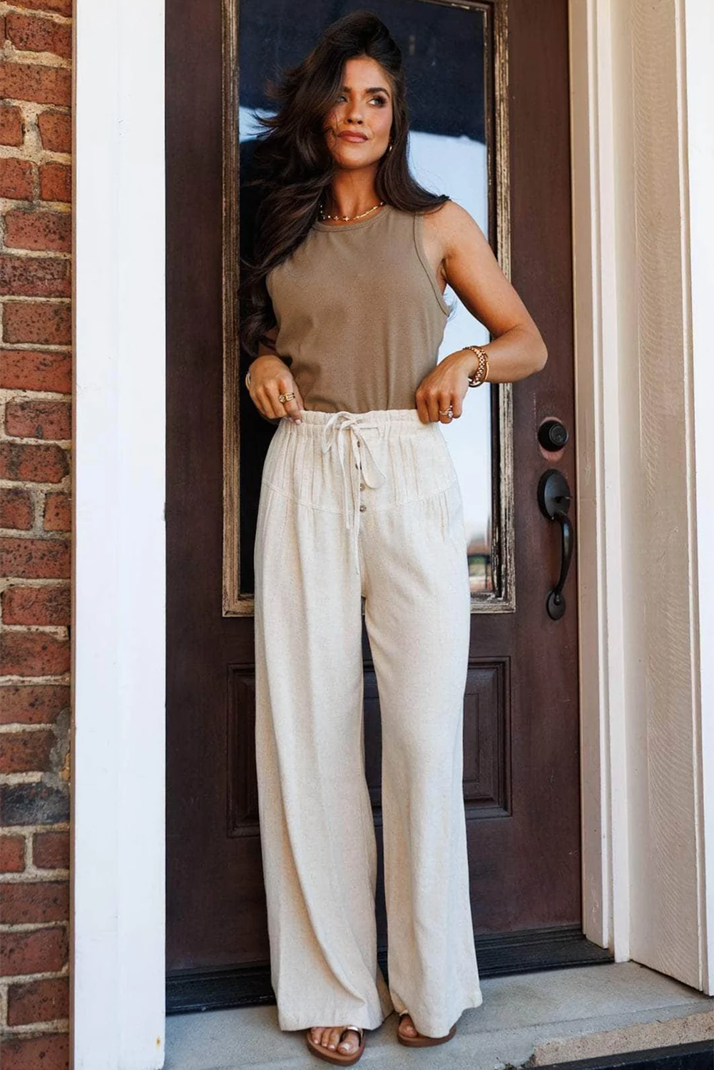 Jet Stream Drawstring Elastic Waist Button Pleated Wide Leg Pants