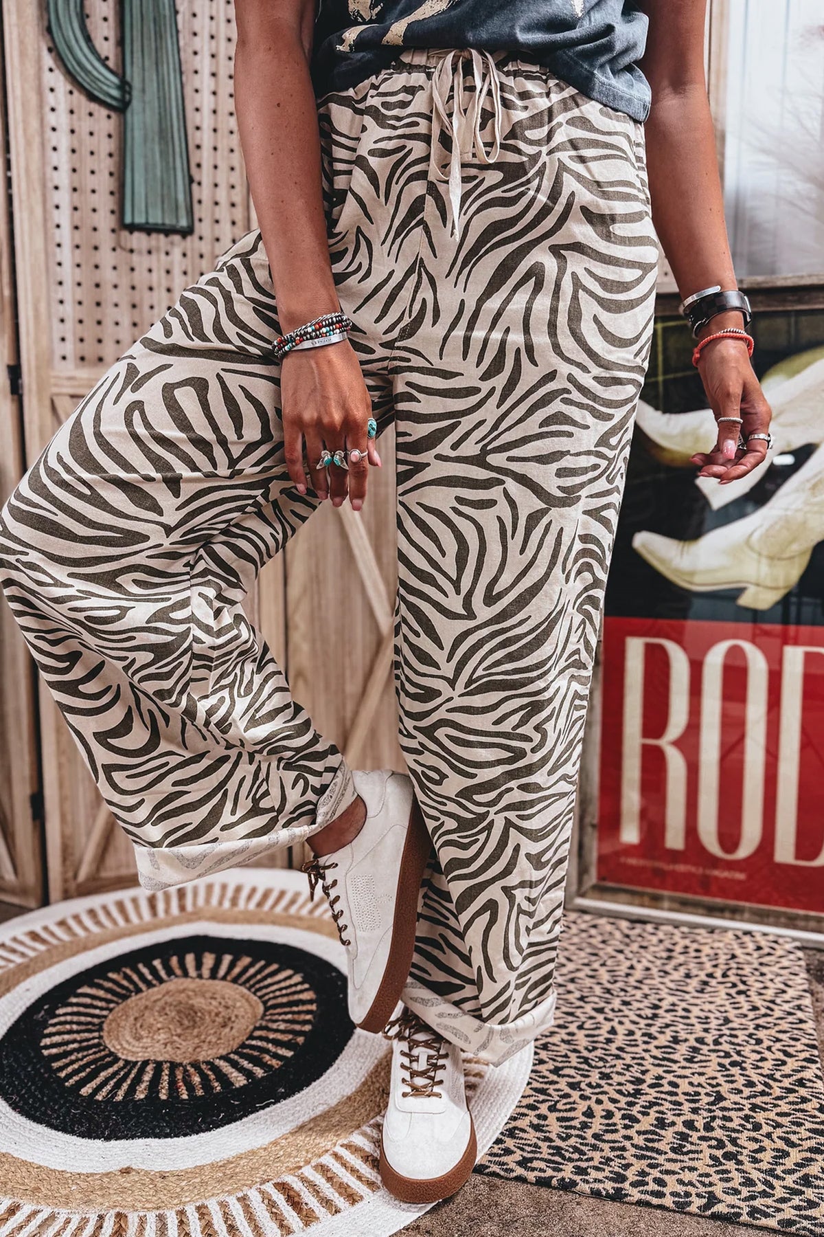 Multicolour Western Print Zebra Pattern Elastic Waist Pocket Pants