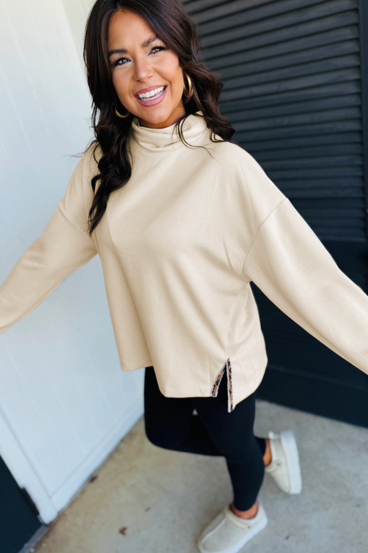 Beige Mock Neck Long Sleeve Leopard Split Hem Top