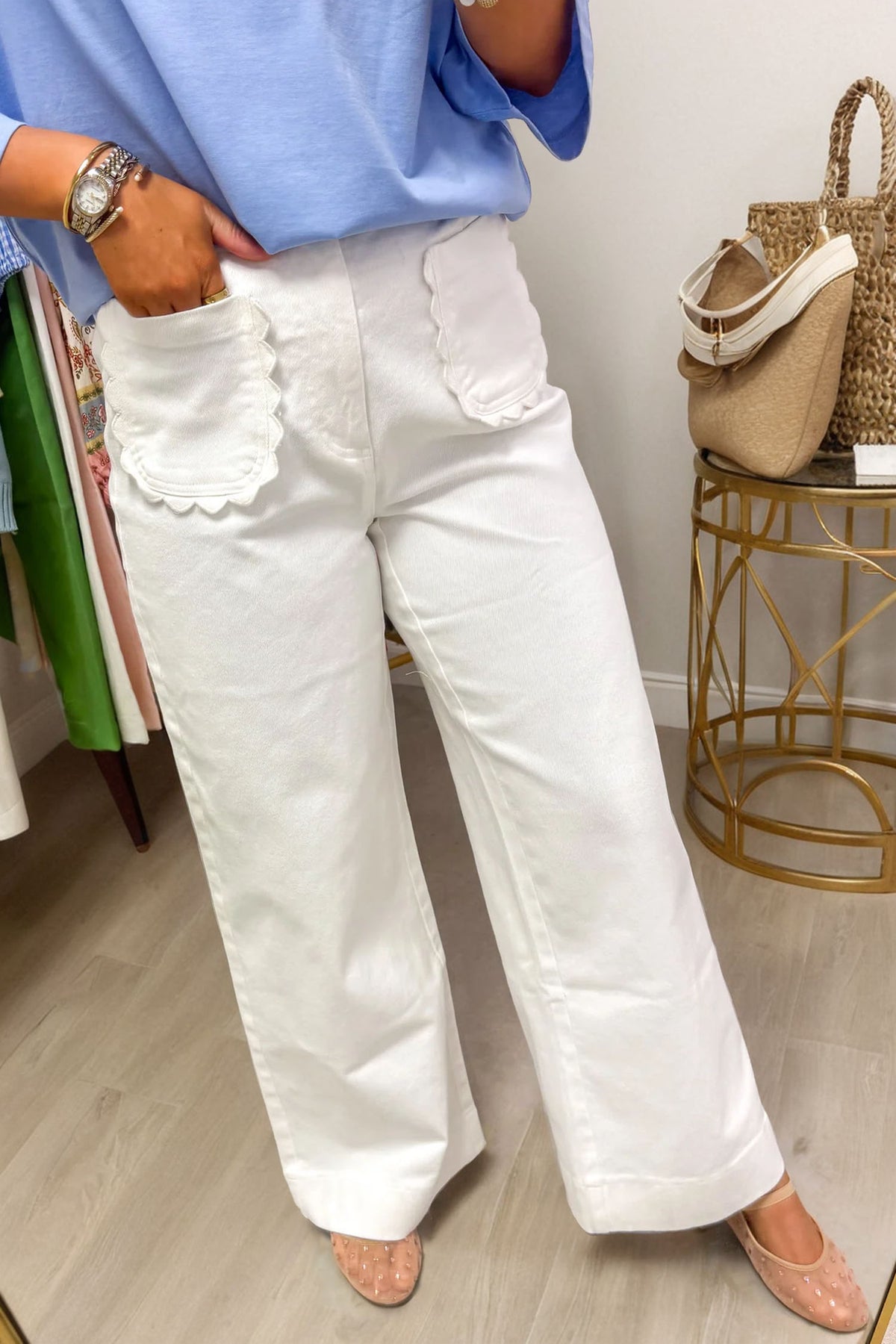 Yellow Solid Scalloped Patch Pocket Shift Jeans