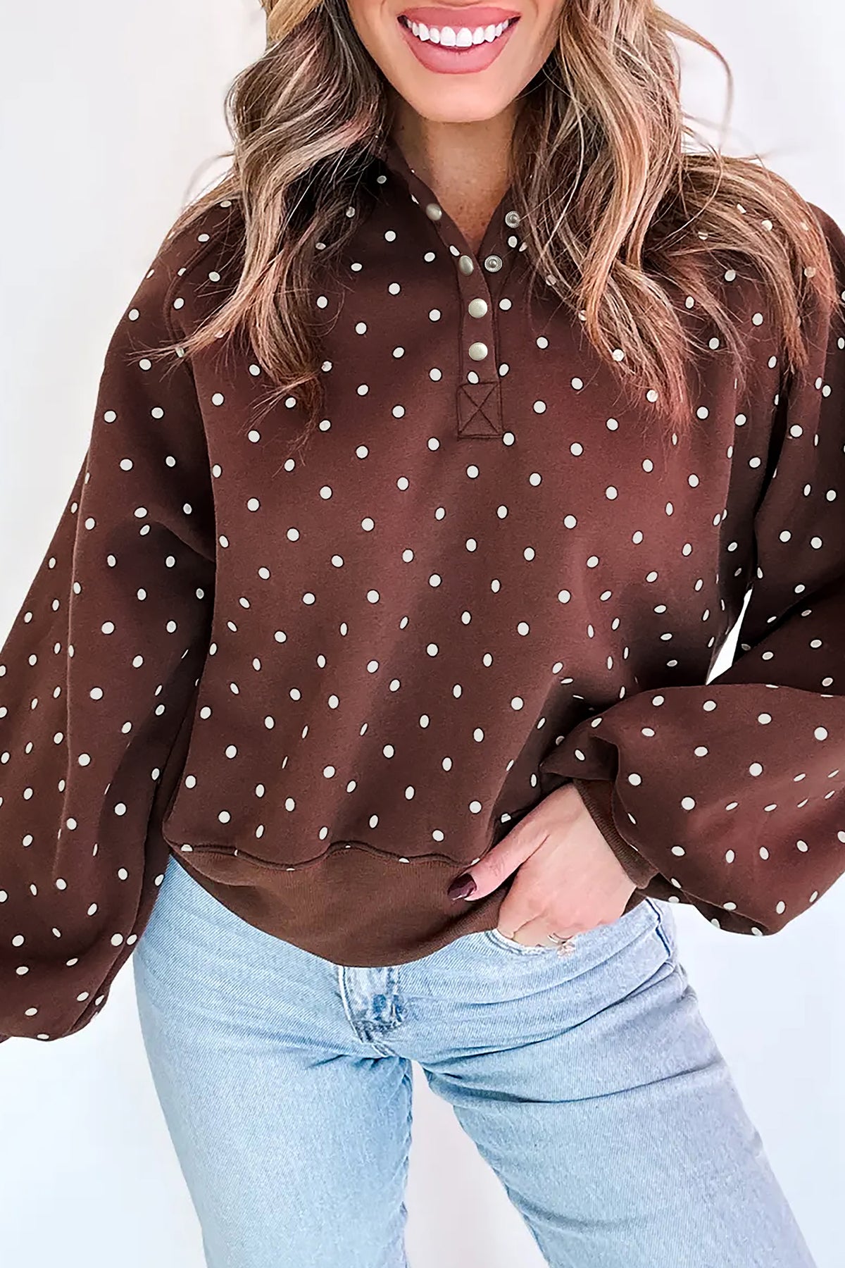 Black Polka Dot Print Metal Button Collar Sweatshirt