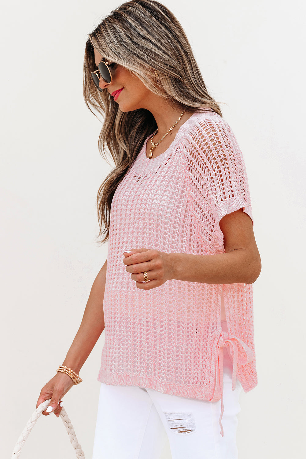 Pink Hollow-out Crochet Side Tied Short Sleeve Sweater