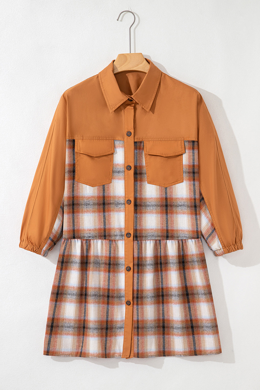 Khaki Plaid Color Block Patchwork Ruffle Hem Tunic Shirt Dress