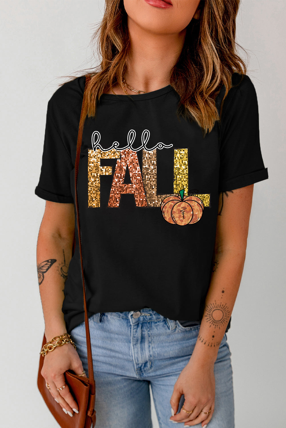 Black Hello Fall Letter Pumpkin Printed Thanksgiving T-Shirt