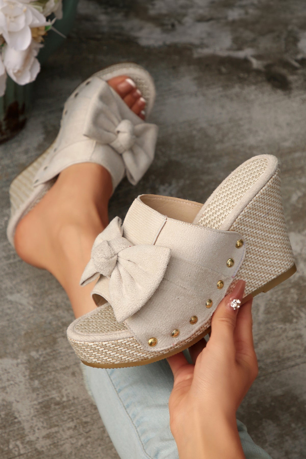 Oatmeal Bow-Knot Studded Wedge Sandals