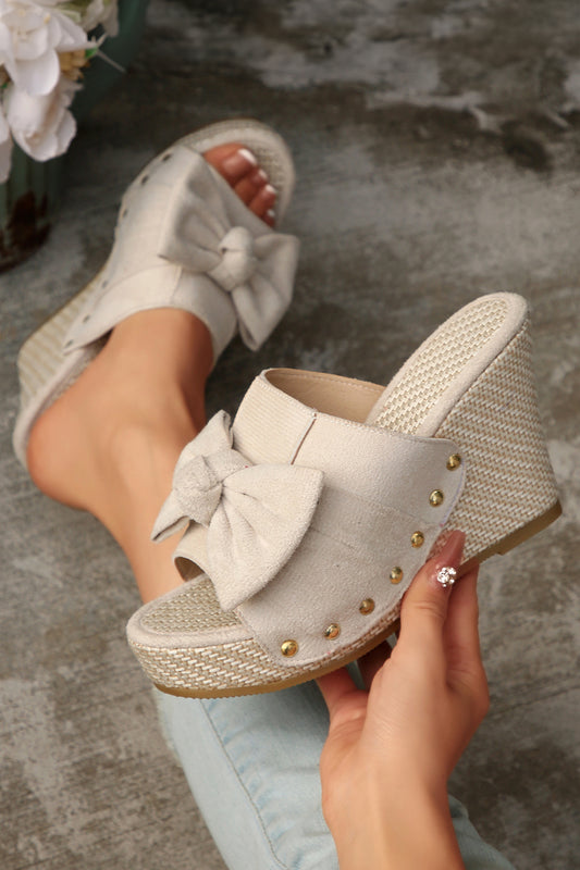 Oatmeal Bow-Knot Studded Wedge Sandals