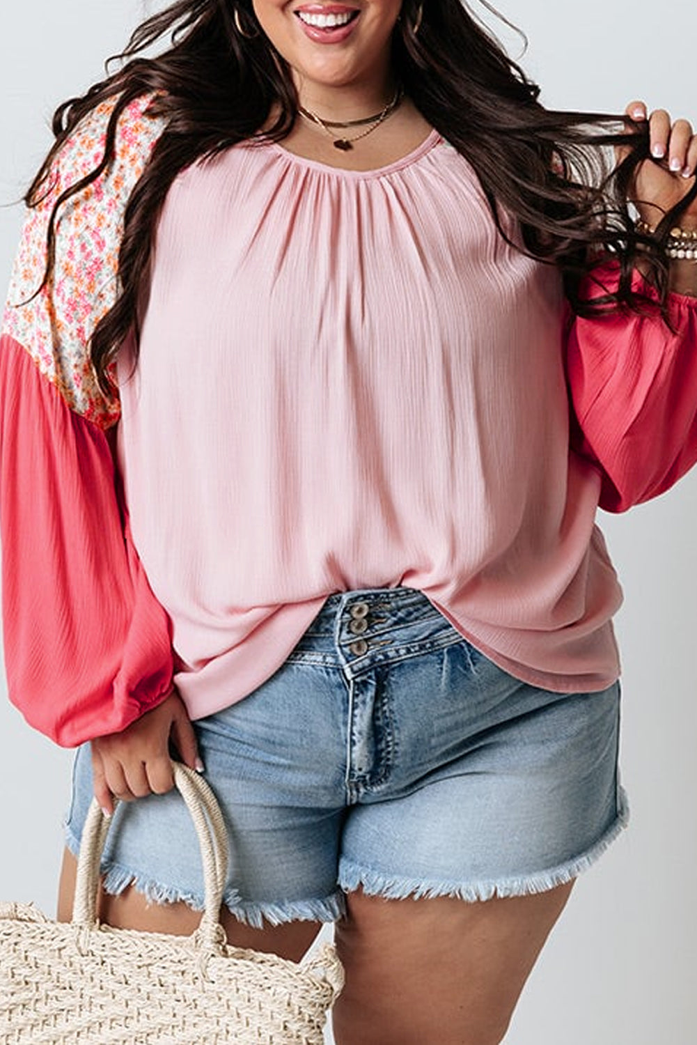 Pink Contrast Floral Patchwork Long-Sleeve Plus Size Blouse
