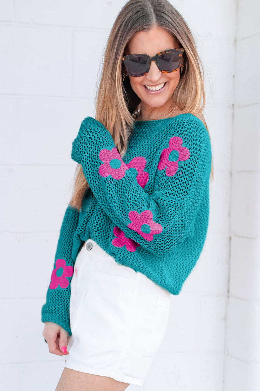 Light Pink Big Flower Hollowed Knit Drop Shoulder Sweater
