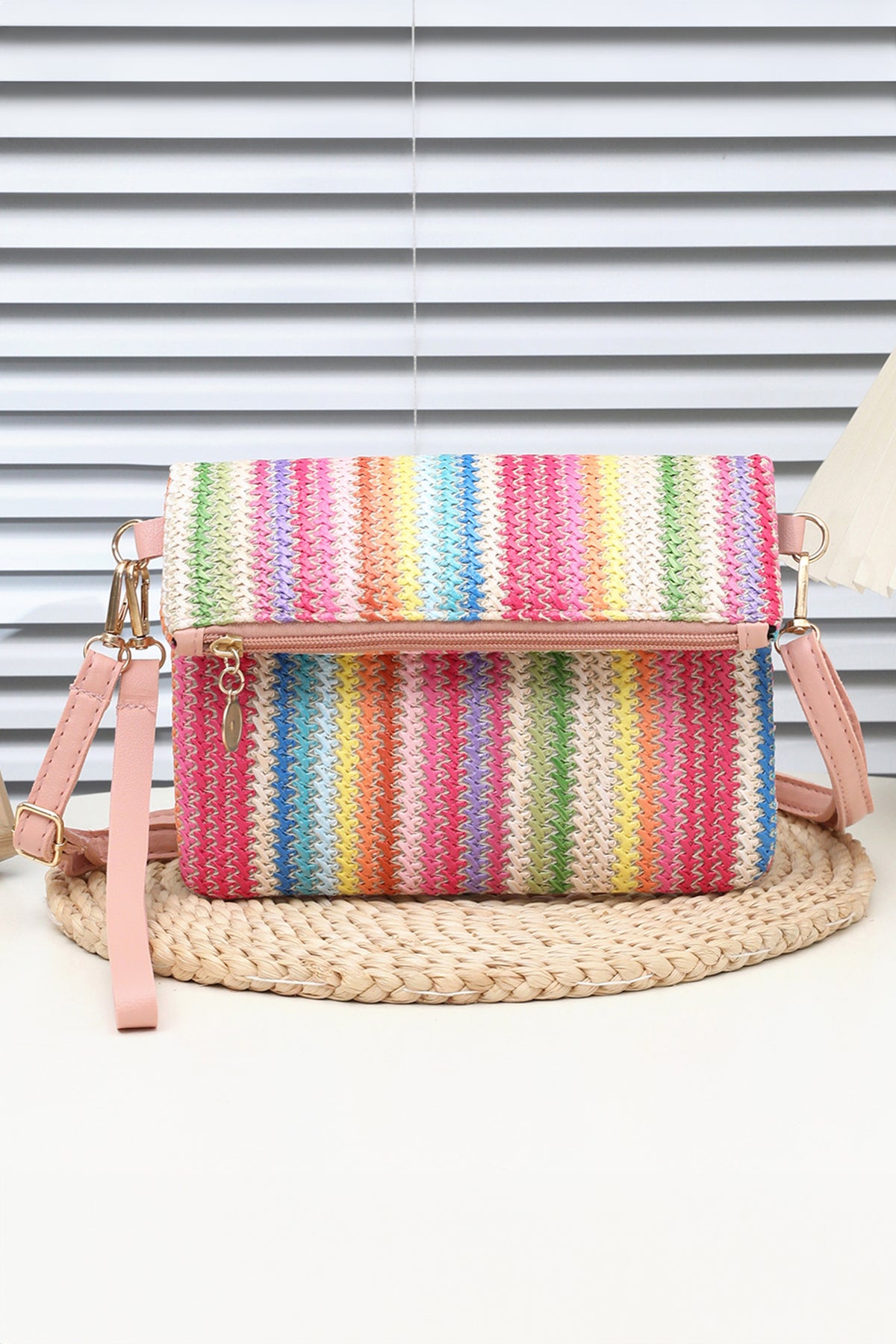 Pink Striped Straw Woven Zip Folded Magnetic Button Shoulder Bag