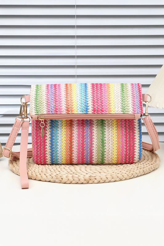 Pink Striped Straw Woven Zip Folded Magnetic Button Shoulder Bag