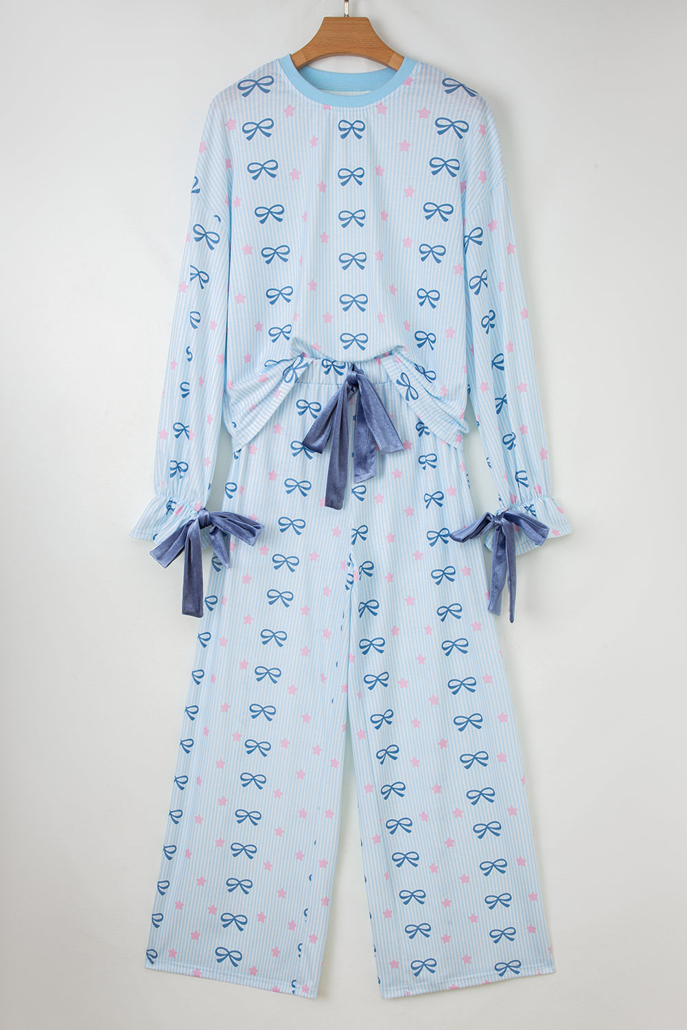 Sky Blue Stripe Bow Star Print Tied Detail Lounge Set