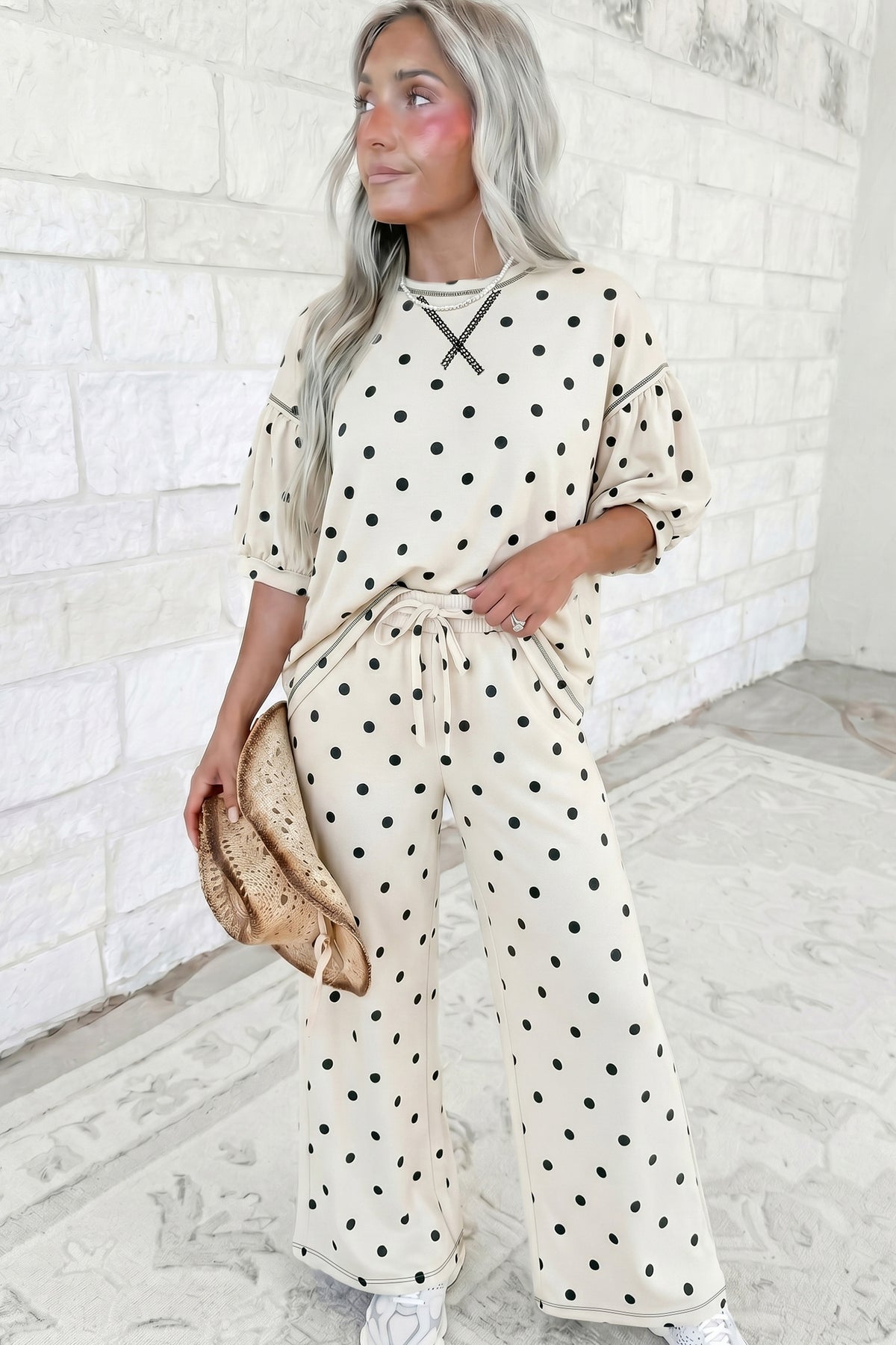 Women's Black Polka Dot Half Sleeve Loose Top Elastic Waist Casual Pants Set