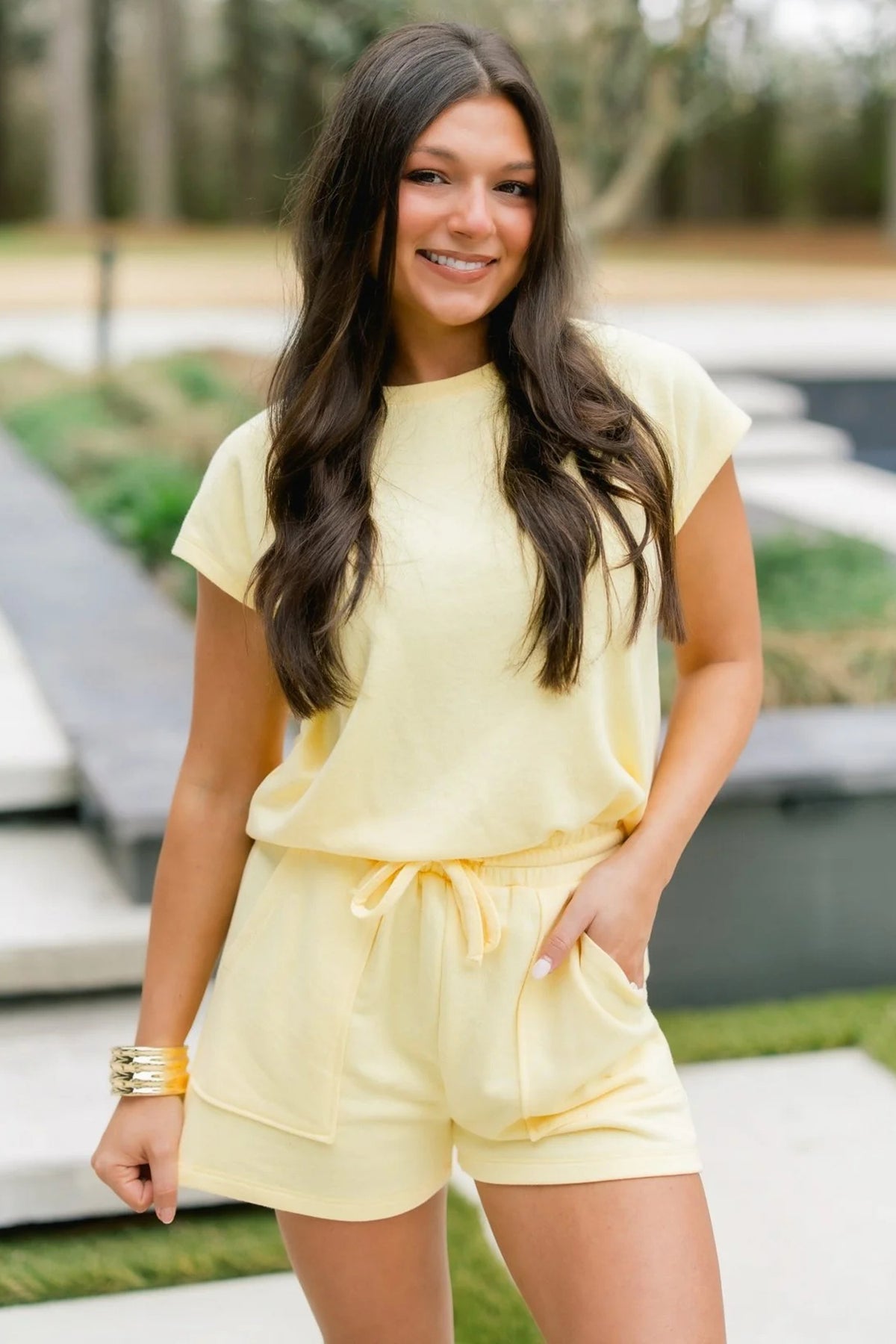 Women's Yellow Cream Tee Drawstring Shorts Comfy Two-Piece Set