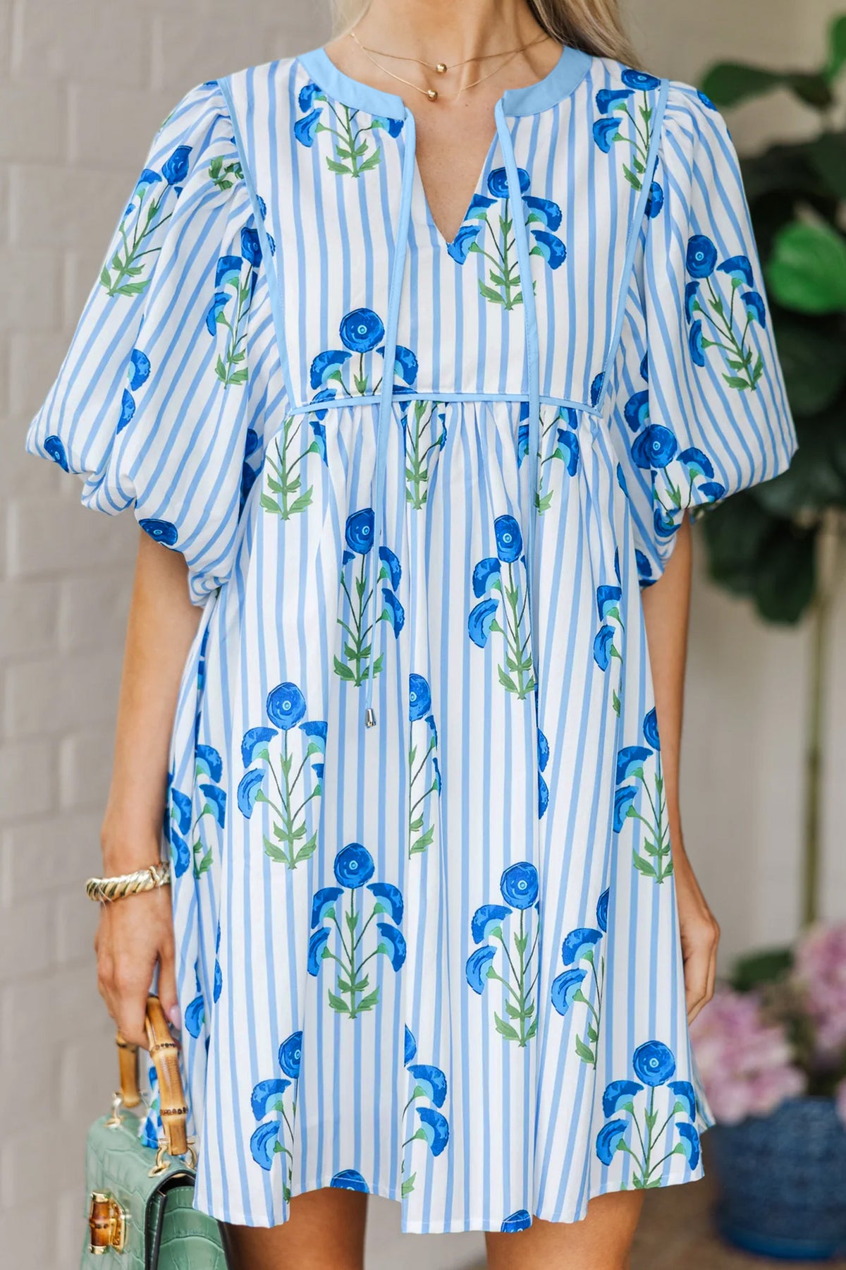 Pink Floral Striped Tie Notched Neck Puff Sleeve Flared Mini Dress