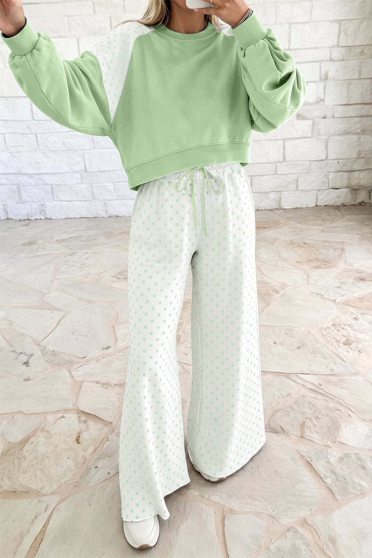 Women's Green Polka Dot Patchwork Colorblock Long-Sleeve Casual Two-Piece Pants Set