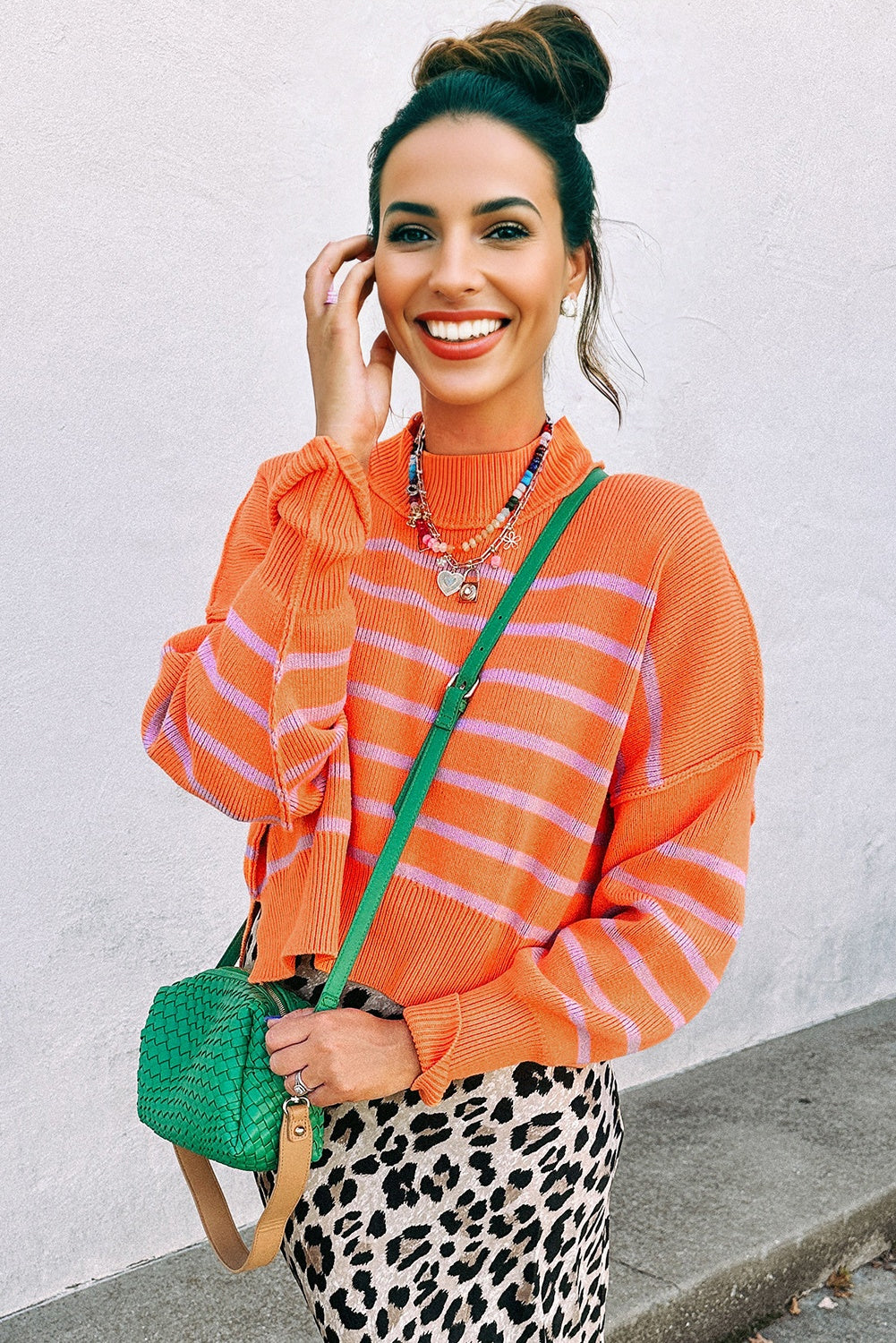 Orange Stripe Ribbed High Neck Drop Shoulder Boxy Fit Sweater