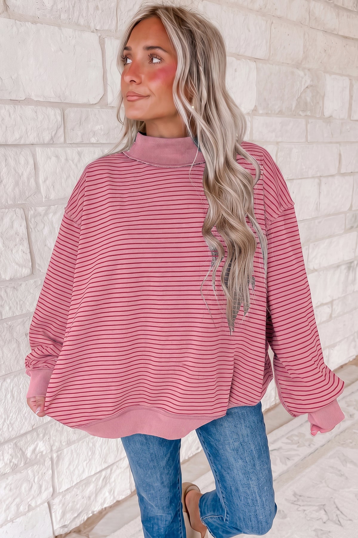 Khaki Stripe Ribbed Mock Neck Oversized Sweatshirt