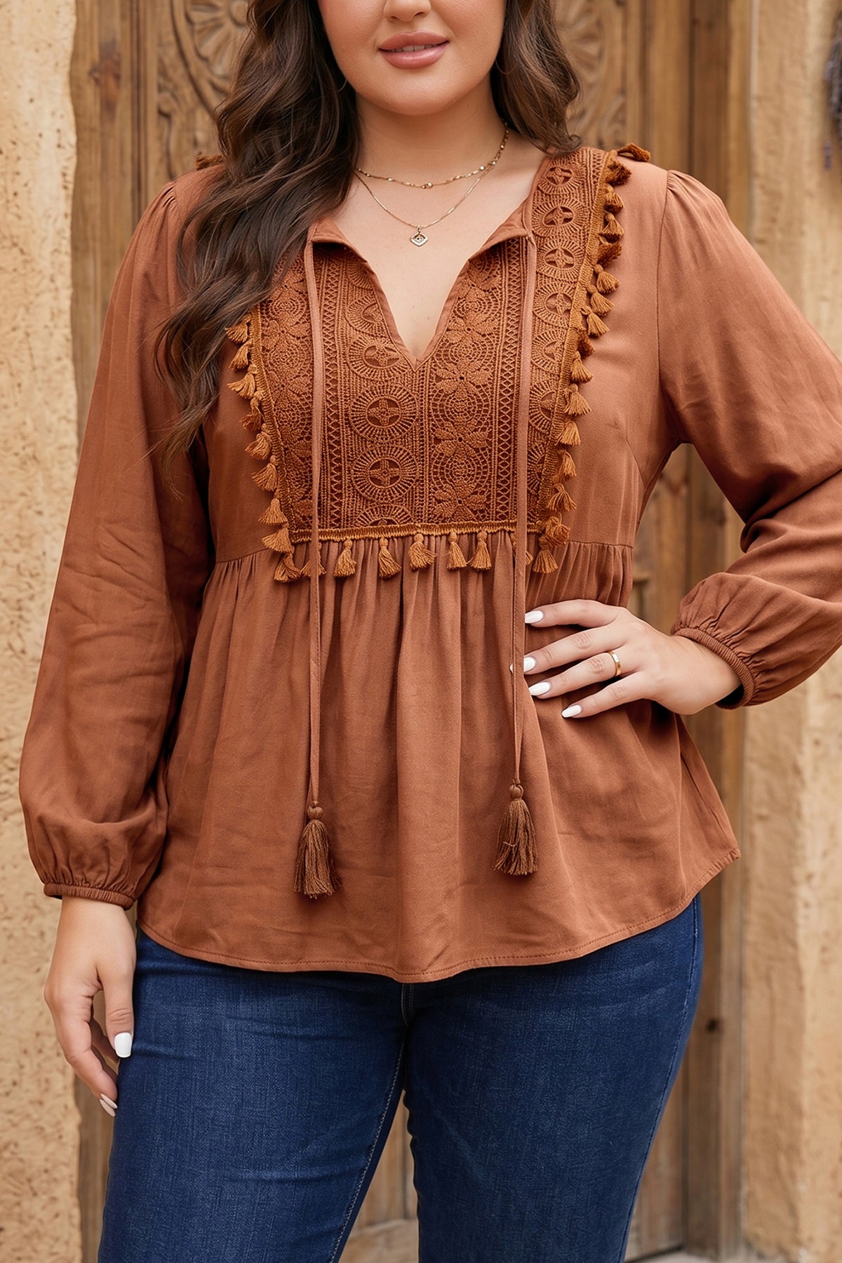 Chestnut Boho V-Neck Embroidered Tassel Long-Sleeve Plus Size Blouse