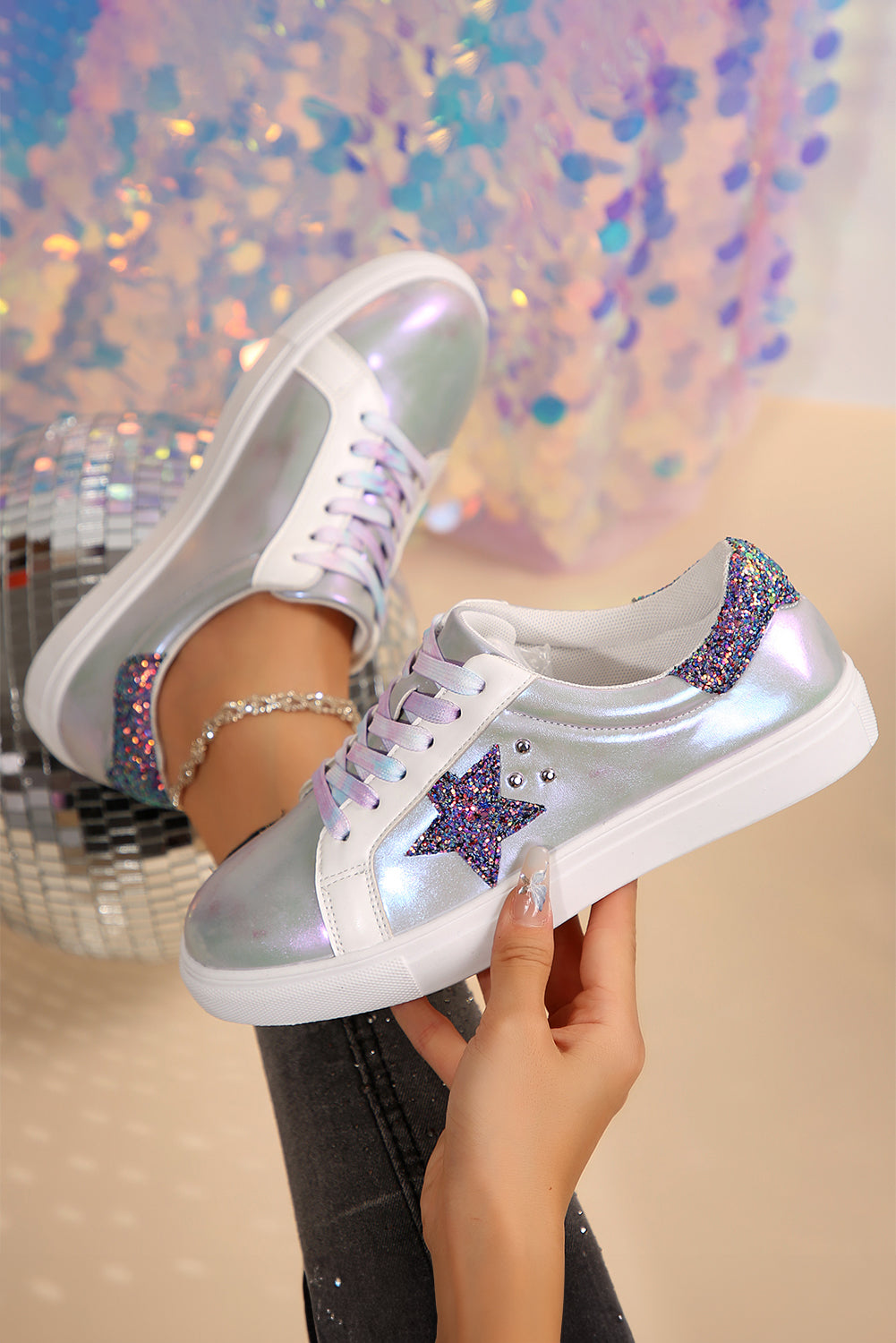 Silver Star Sequin Patchwork Criss Cross Casual Shoes