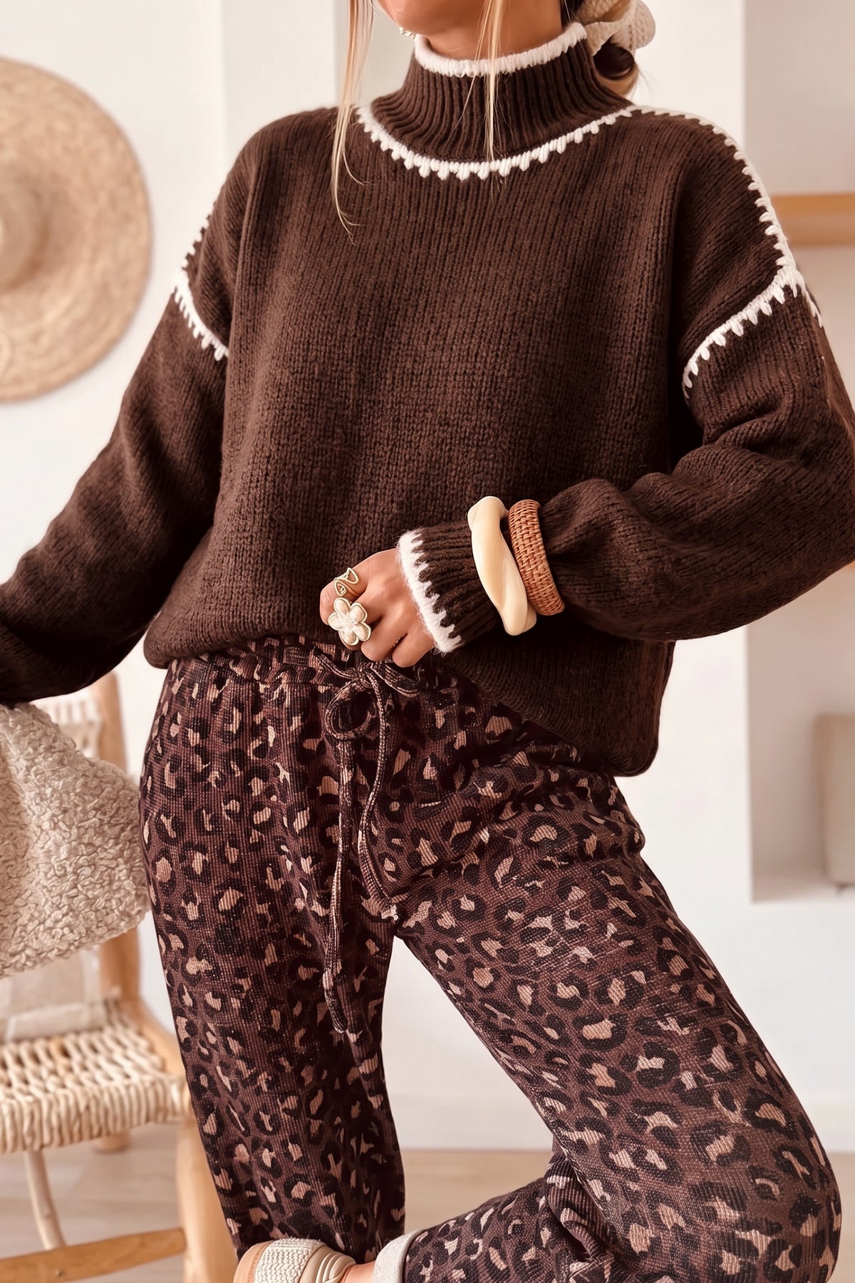 Coffee Contrast Trim Mock Neck Drop Shoulder Sweater