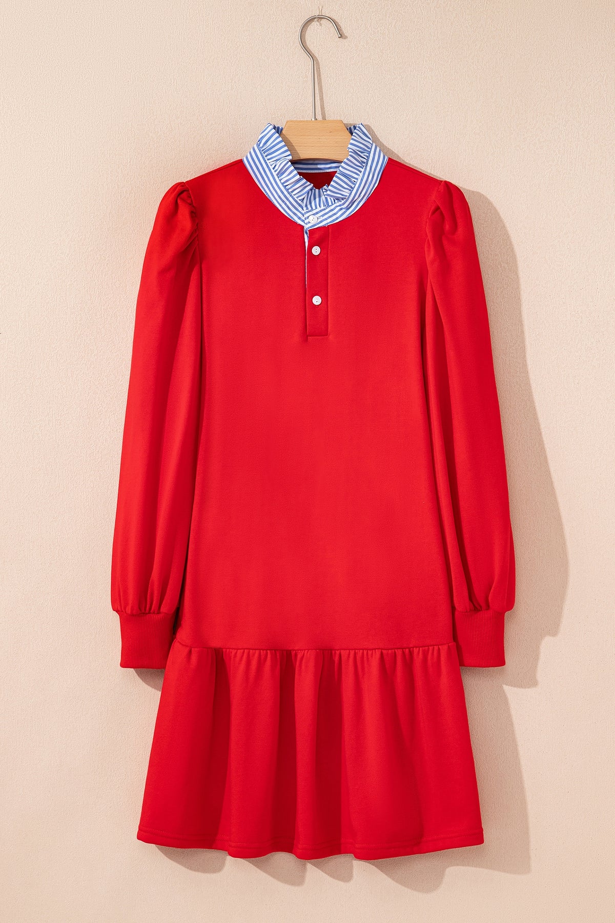 Fiery Red Striped Collar Patchwork Puff Sleeve Ruffle Hem Mini Dress