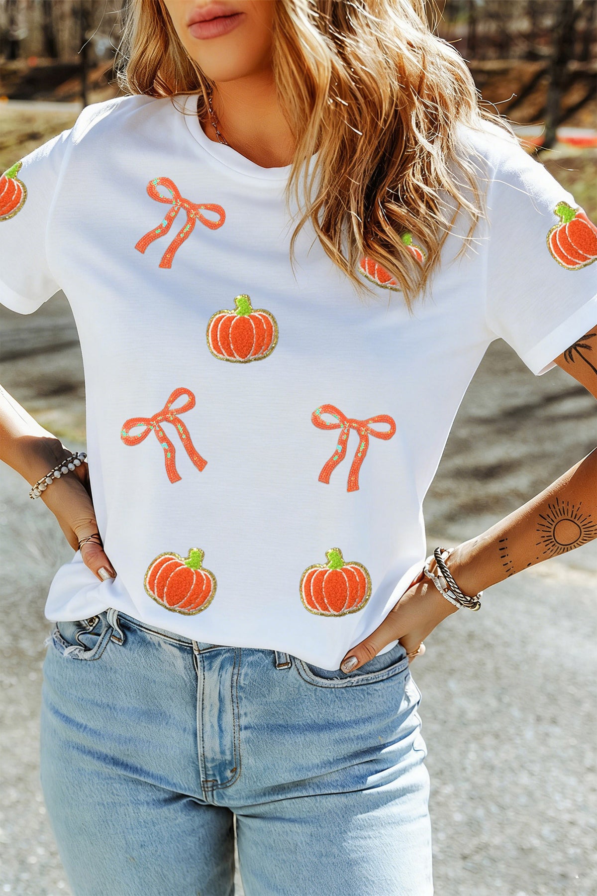 White Sequin Chenille Pumpkin Bow Pattern Casual Short T-Shirt