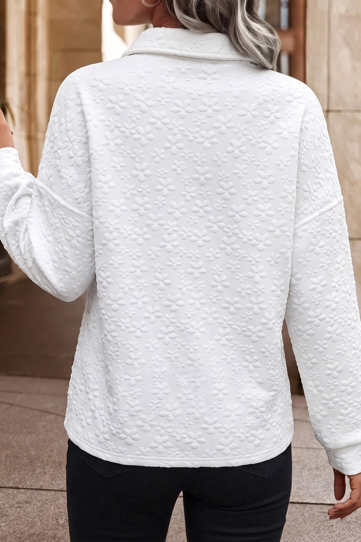 White Textured Button Collar Sweatshirt