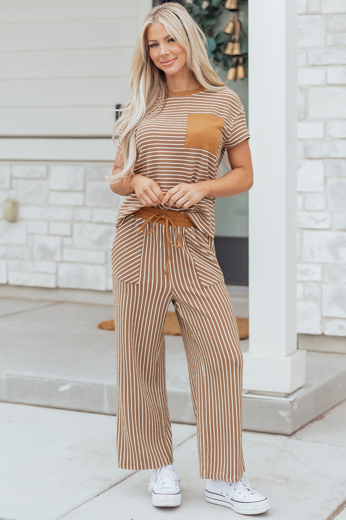 Women's Green Stripe Crewneck Tee Waist Cropped Pants Set