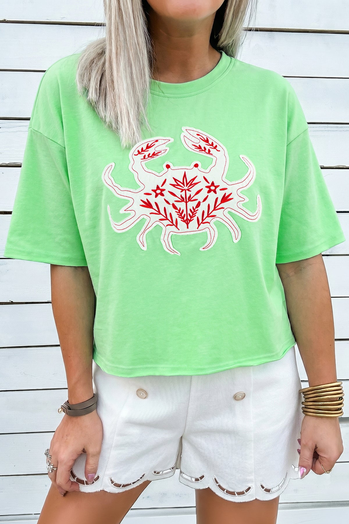 Bright Green Crab Embroidered Patch Round Neck Tee