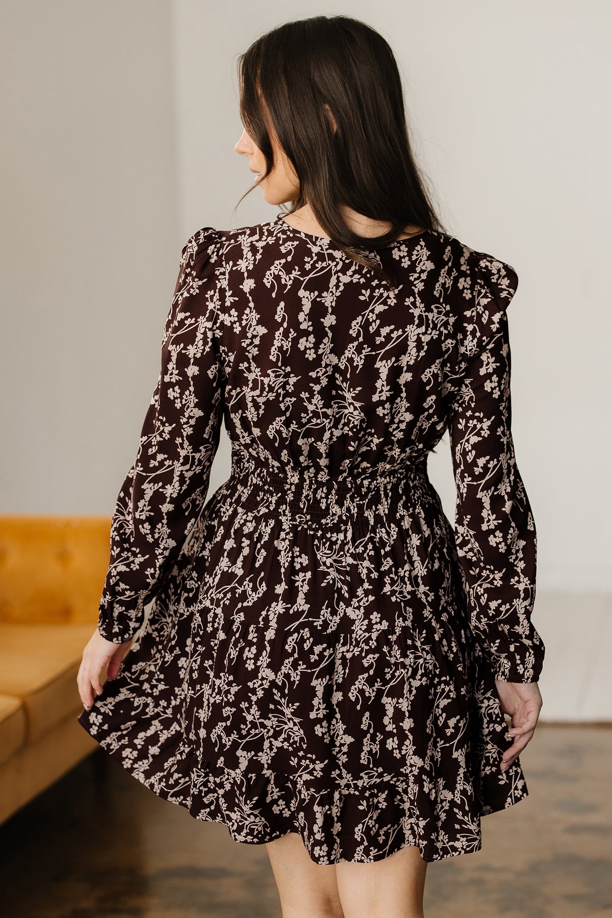 Brown Ditsy Floral Split Neck Shirred Waist Flared Mini Dress