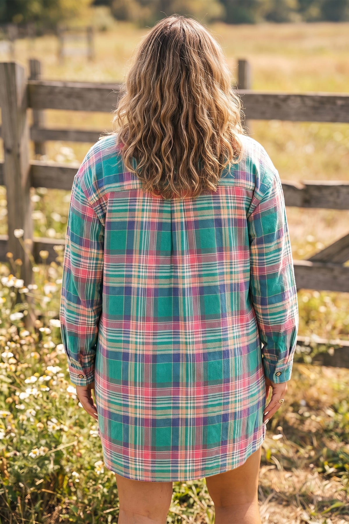 Green Plaid Button-Up Shift Long-Sleeve V-Neck Plus Size Dress