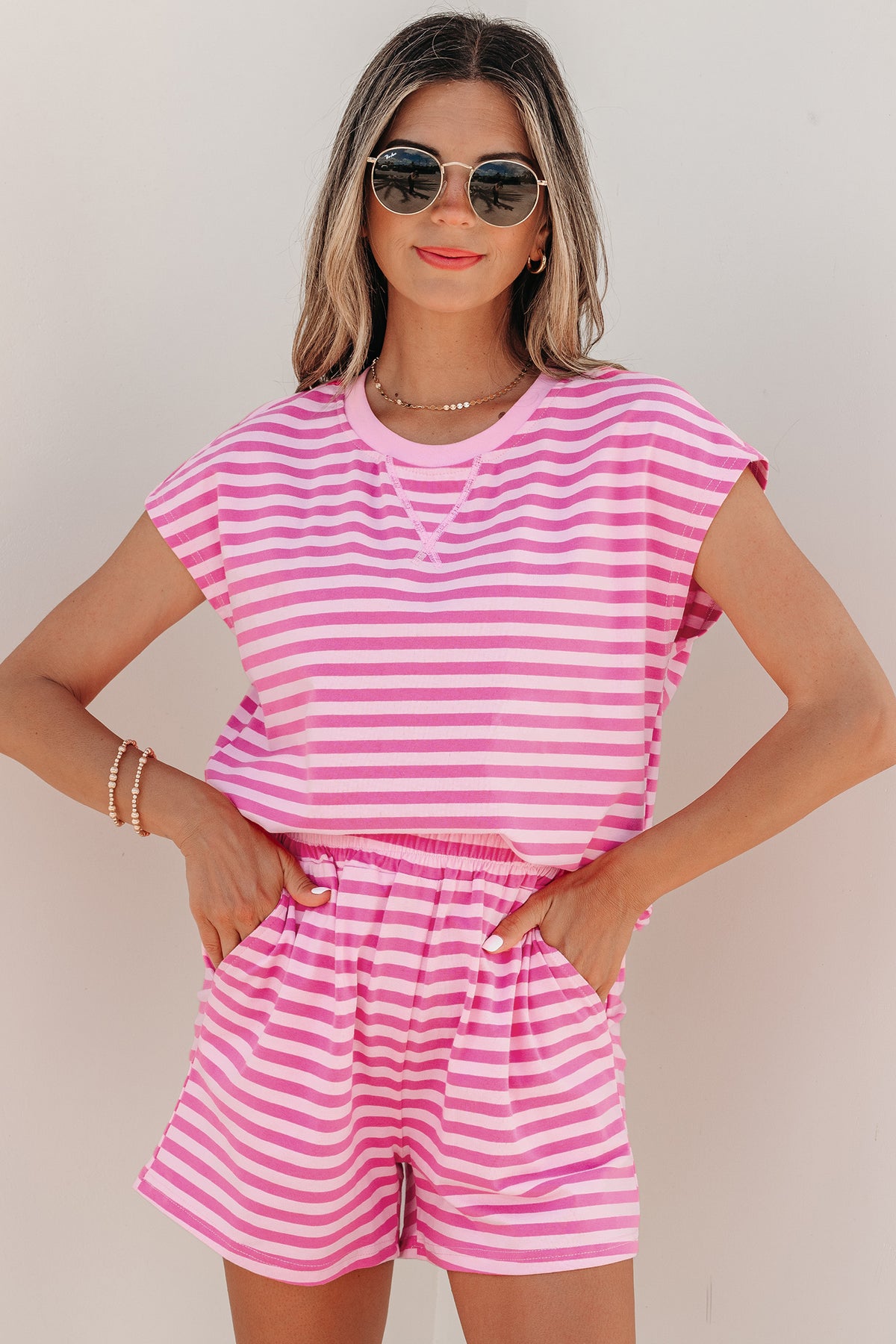Women's Pink Stripe Cap Sleeve Tee Elastic Waist Shorts Two-Piece Outfit