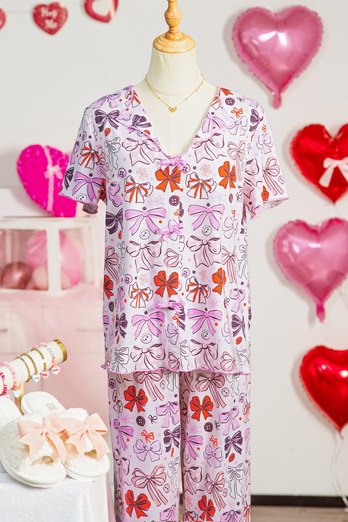 Pink Bows and Buttons Print Short Sleeve Shirt and Pants Pajama Set